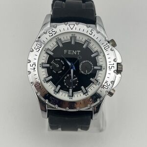 Fent Watch Men 47mm Silver‎ Case Black Silicone Band- New Battery